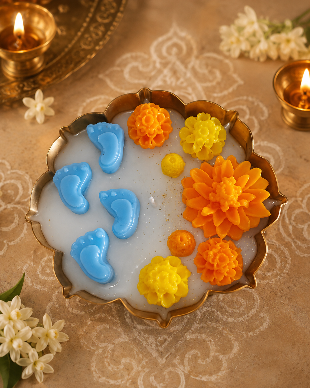 Madhava Paadam | Krishna Footprints Floral Urli Candle