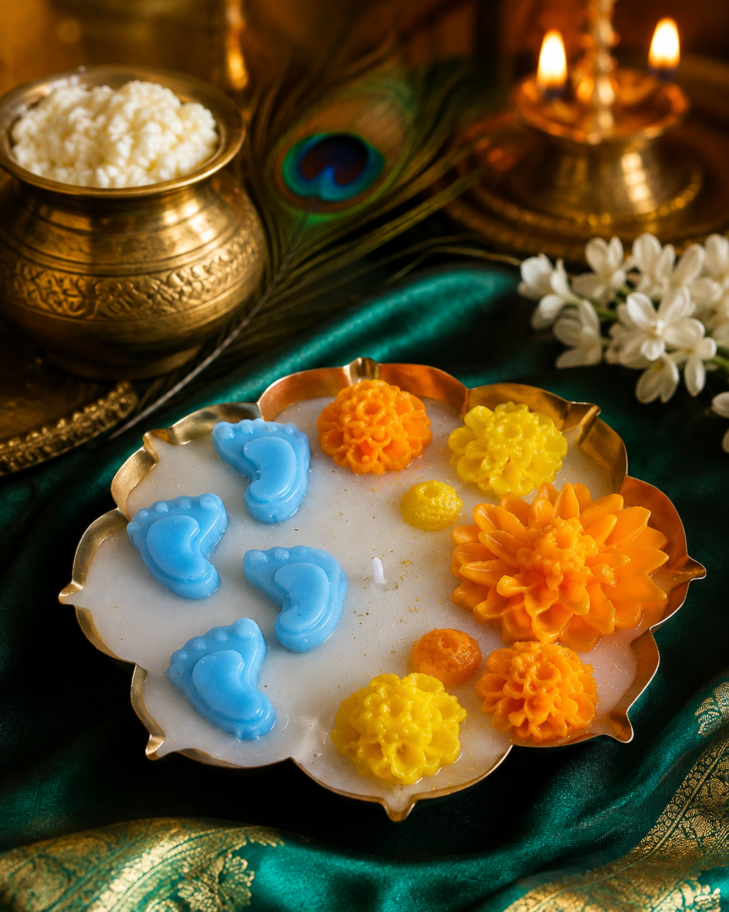 Madhava Paadam | Krishna Footprints Floral Urli Candle