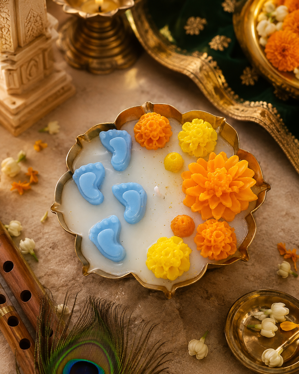 Madhava Paadam | Krishna Footprints Floral Urli Candle