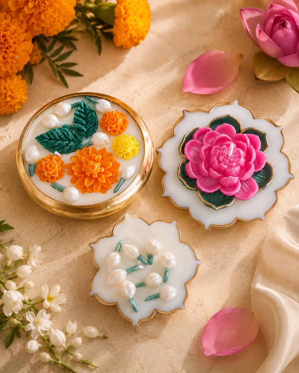 Pushpa Deepa Ritual Set | Lotus, Marigold & Jasmine Puja Candle Set