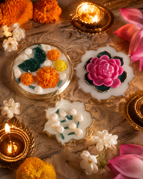Pushpa Deepa Ritual Set | Lotus, Marigold & Jasmine Puja Candle Set