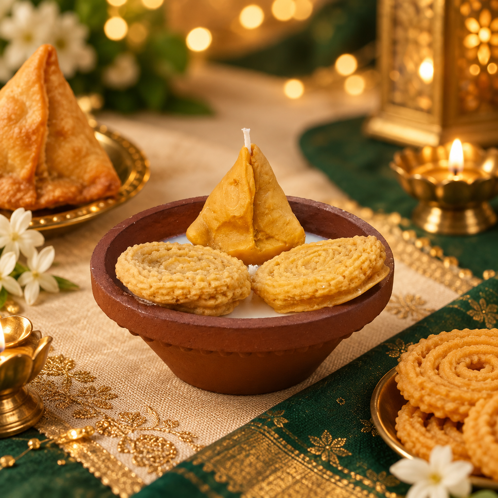 Utsava Karam | Samosa & Murukku Terracotta Bowl Candle