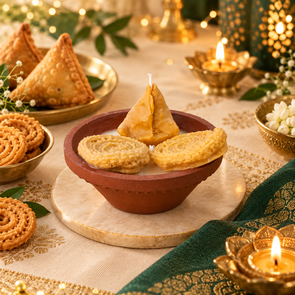 Utsava Karam | Samosa & Murukku Terracotta Bowl Candle