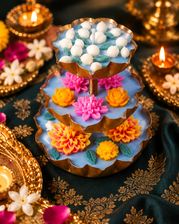 Pushpa Triveni Deepa | Three-Tier Floral Urli Candle