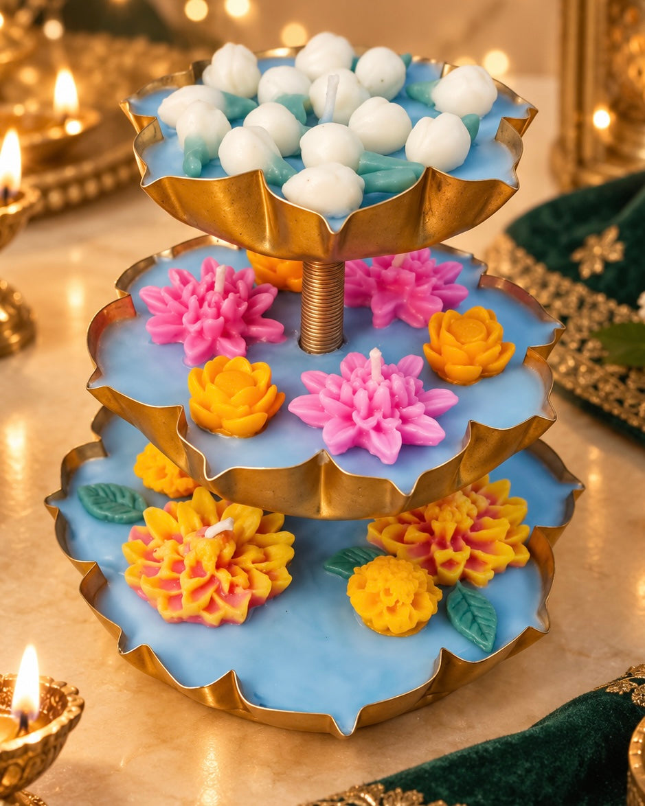 Pushpa Triveni Deepa | Three-Tier Floral Urli Candle