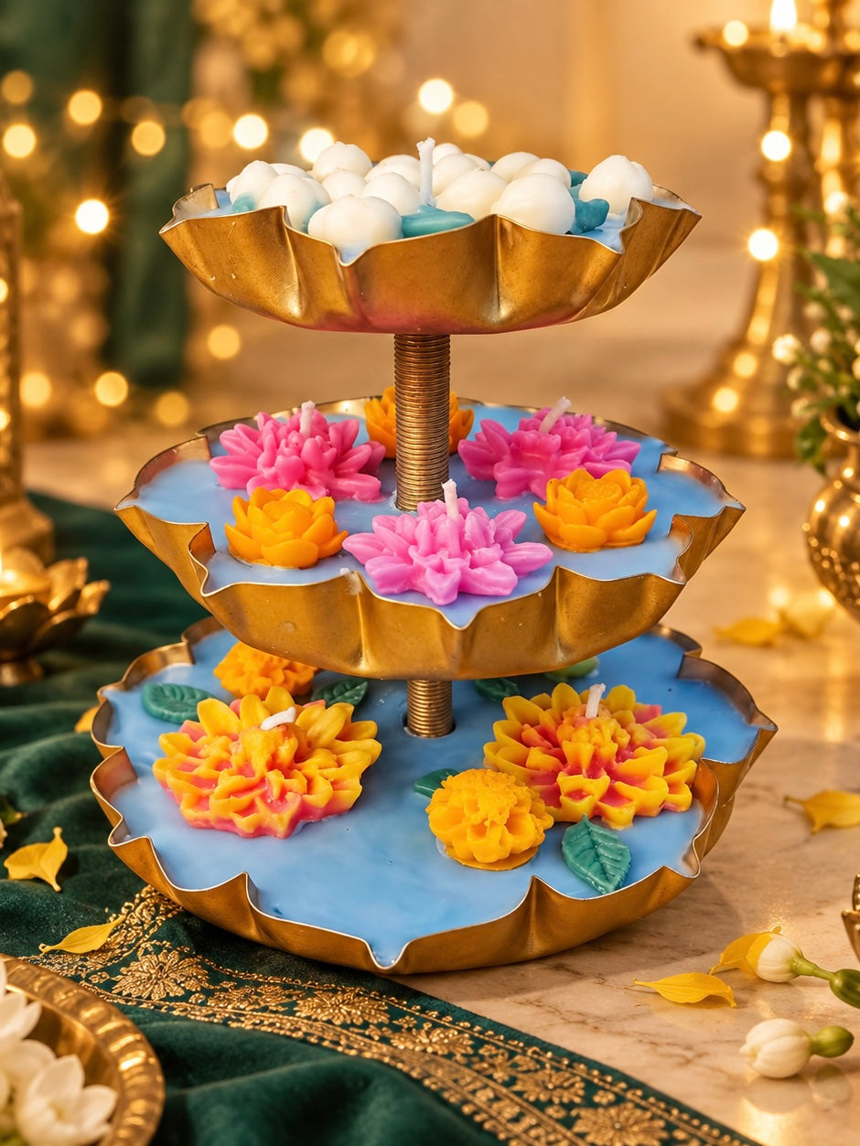 Pushpa Triveni Deepa | Three-Tier Floral Urli Candle